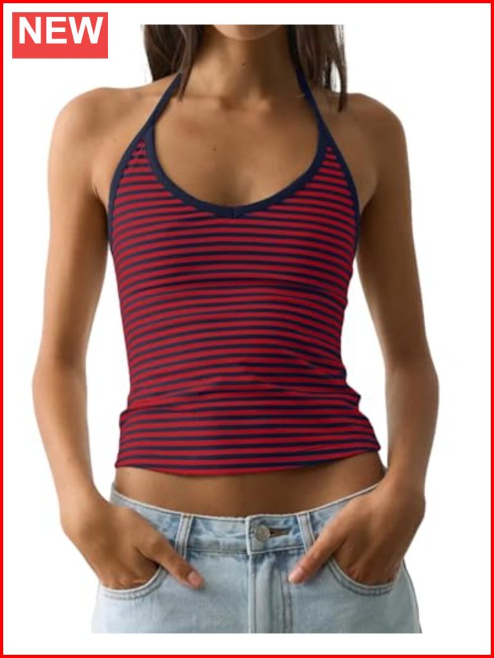 Women Sleeveless Striped V Neck Tie Up Halter Crop Cami Tank Slim Fit Top